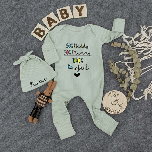 50% Daddy 50% Mummy 100% Perfect Baby Outfit Set, Personalized Newborn Gift, Custom Name Beanie & Romper, Cute Kid