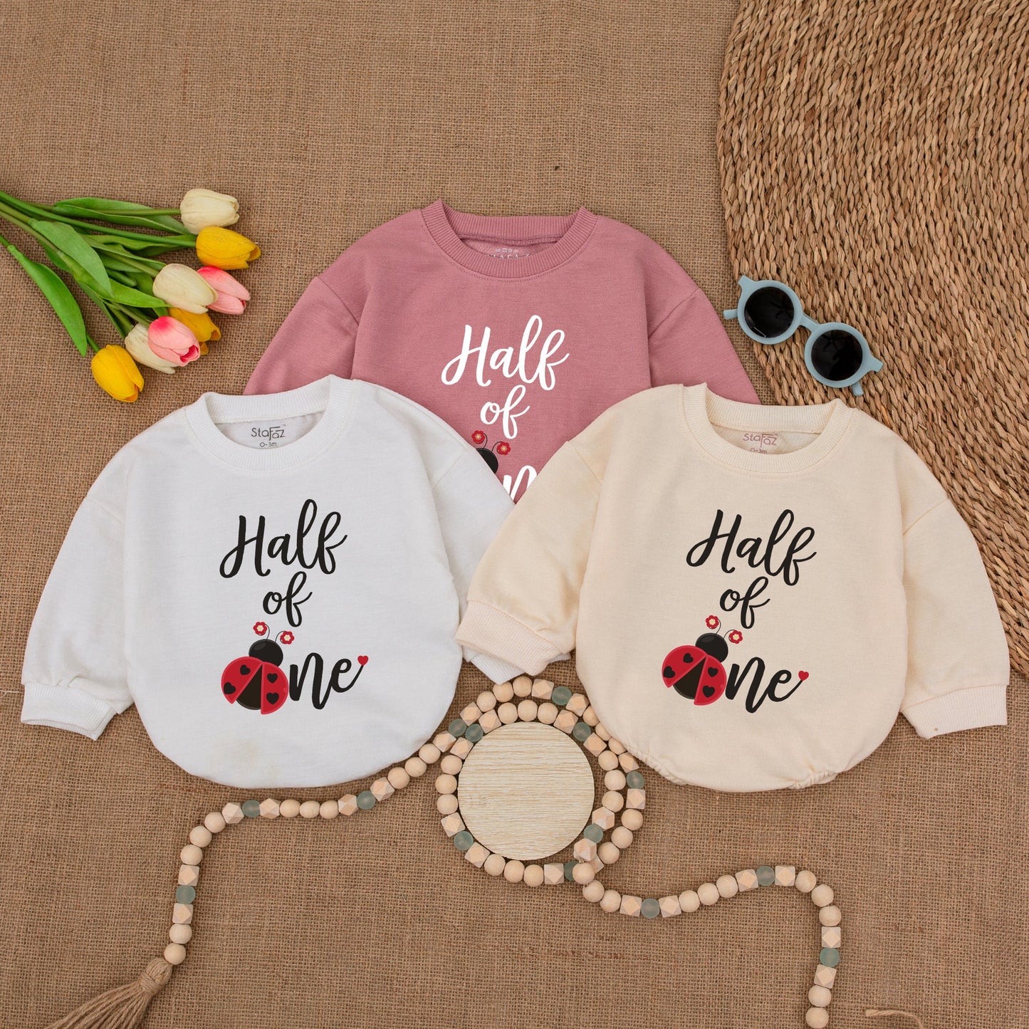 Ladybug Half of One Baby Girl Romper 6 Month Birthday Outfit Red Black Flower Design Half Birthday Bodysuit Gift