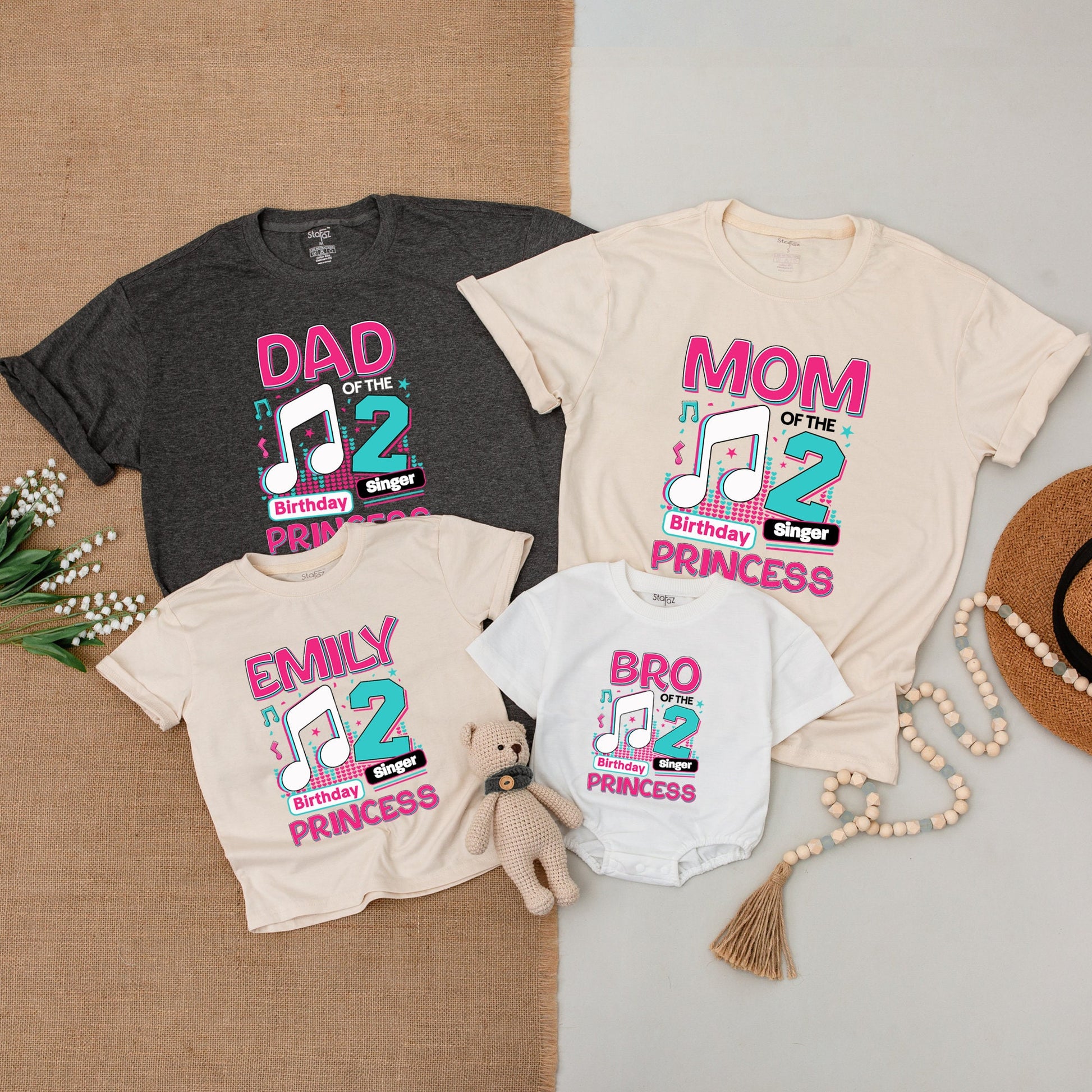 2nd Birthday Girl Musical Shirt, Matching Family Outfit, Pink & Teal Music Notes, Baby Girl Gift, Princess Birthday Singer Cotton Tee