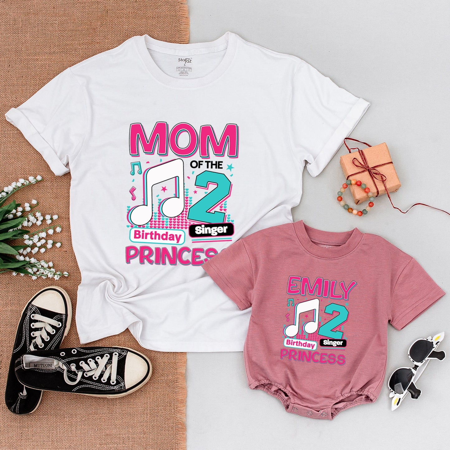 2nd Birthday Girl Musical Shirt, Matching Family Outfit, Pink & Teal Music Notes, Baby Girl Gift, Princess Birthday Singer Cotton Tee