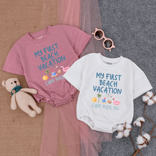 Custom My First Beach Vacation Baby Romper Cape May NJ Short Sleeve Summer Outfit with Sun Flamingo Seashell Palm Tree