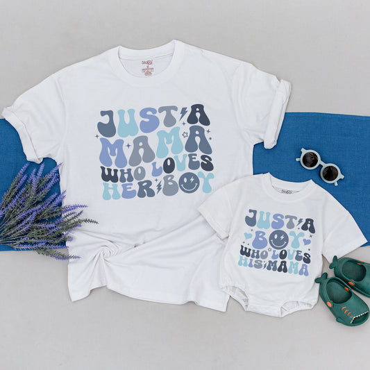 Just A Mama Who Loves Her Boy Matching Mother Son Shirts Retro Whimsical Blue Smiley Face Lightning Stars Hearts Dots First Mothers Day Gift