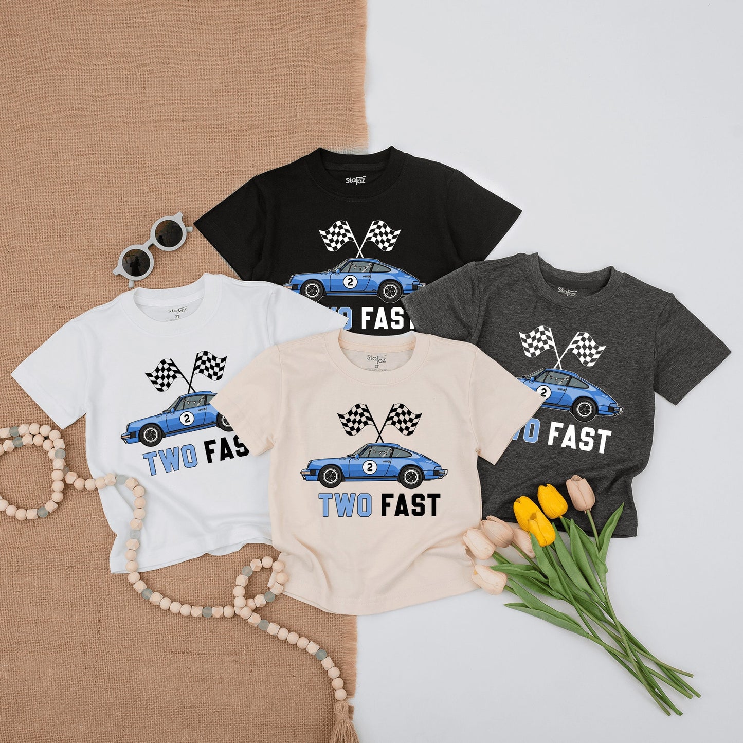 Two Fast Race Car Birthday Shirt Blue Racing Flags Number 2 Fun Birthday Outfit for Boys Toddlers