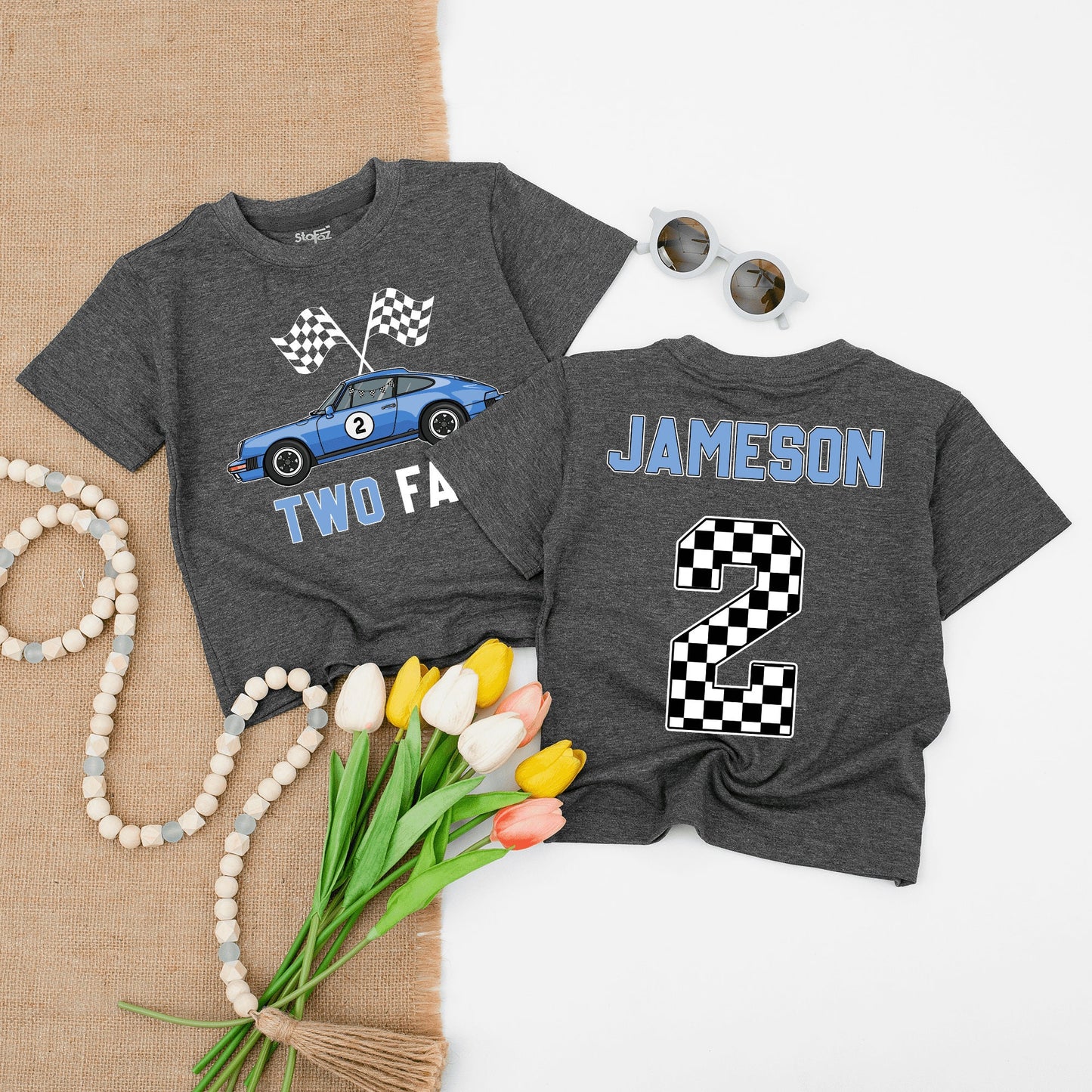 Two Fast Race Car Birthday Shirt Blue Racing Flags Number 2 Fun Birthday Outfit for Boys Toddlers