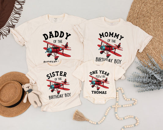 Vintage Red Biplane Birthday Family Shirts Daddy of the Pilot Party Tee First Birthday Outfit Matching Airplane Clothes