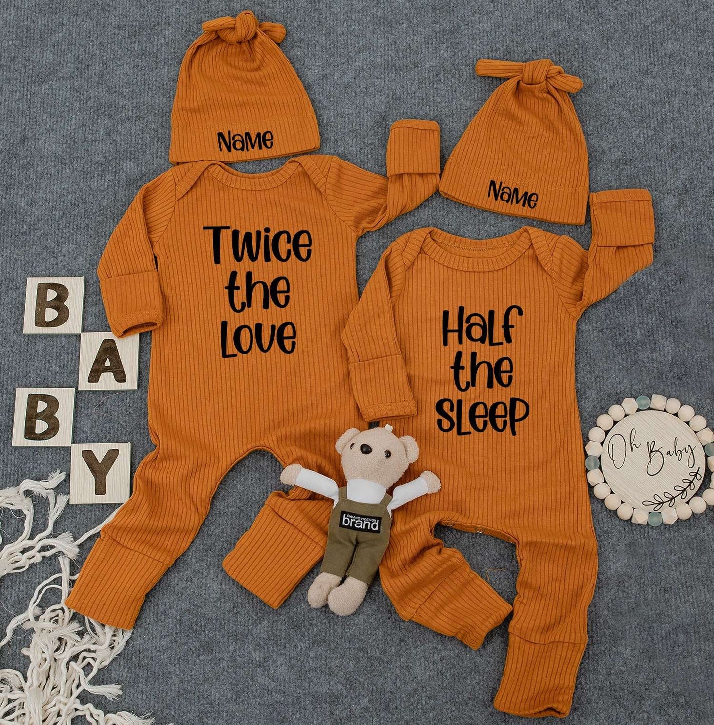 Personalized Twin Baby Set: Twice the Love, Half the Sleep, Cute Newborn Twin Outfits with Custom Name Hats