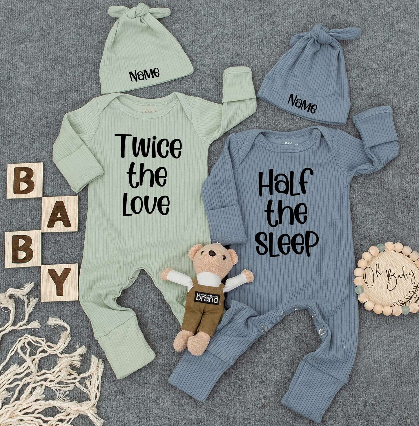 Personalized Twin Baby Set: Twice the Love, Half the Sleep, Cute Newborn Twin Outfits with Custom Name Hats