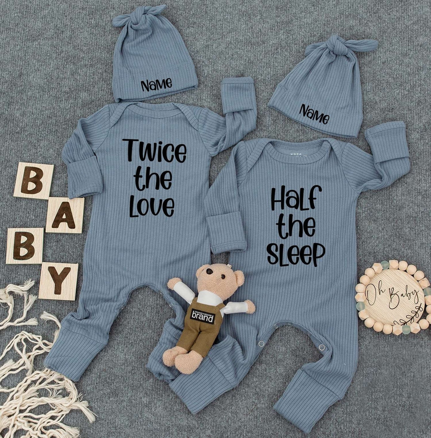Personalized Twin Baby Set: Twice the Love, Half the Sleep, Cute Newborn Twin Outfits with Custom Name Hats