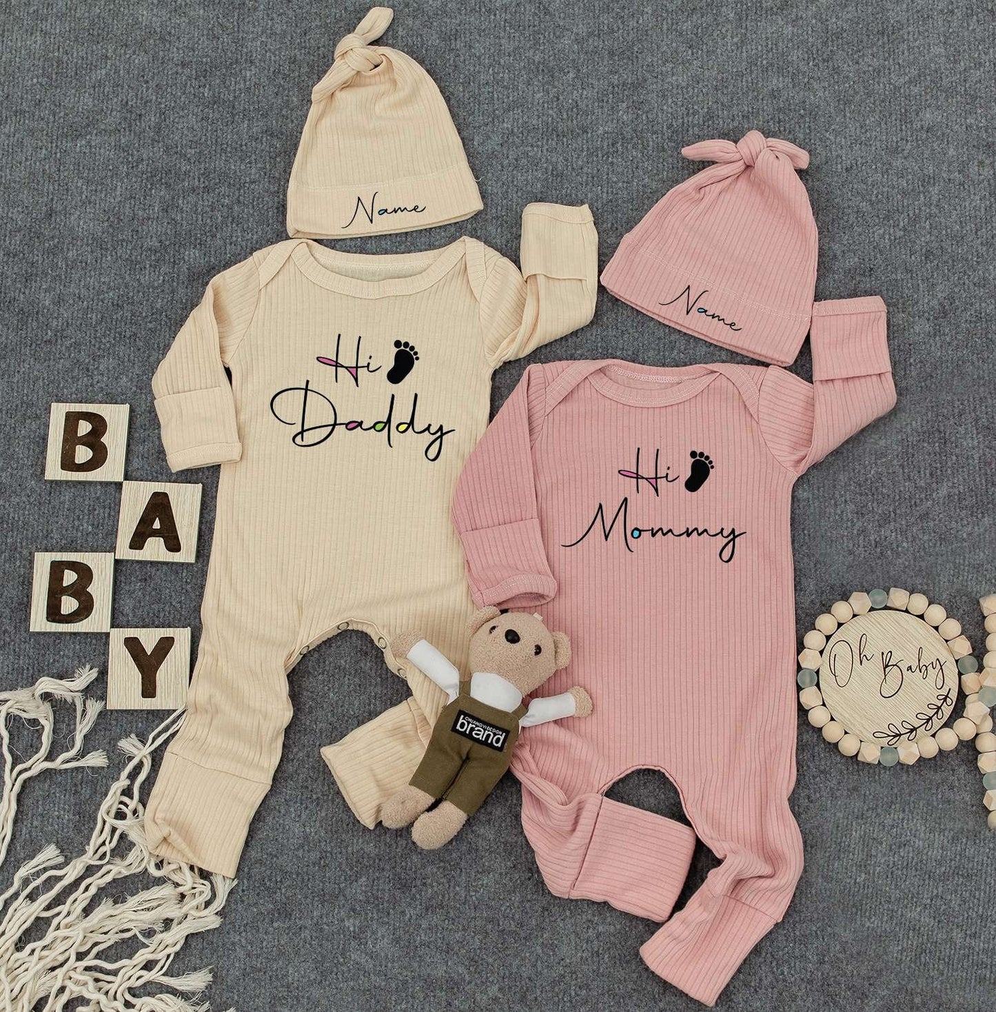 Unisex Twin Outfits, Custom Name Twin Baby Sets, Hi Daddy/Mommy Newborn Twin Outfits, Gift for Baby Twins