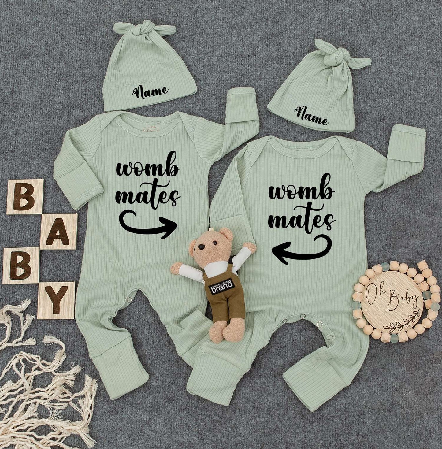 Personalized Baby Twin Bodysuit Set: Custom Name Hat & Womb Mates Shirts Cute Newborn Outfit, New Mom Gift, Soft Cotton Romper Sleepsuit Set 138
