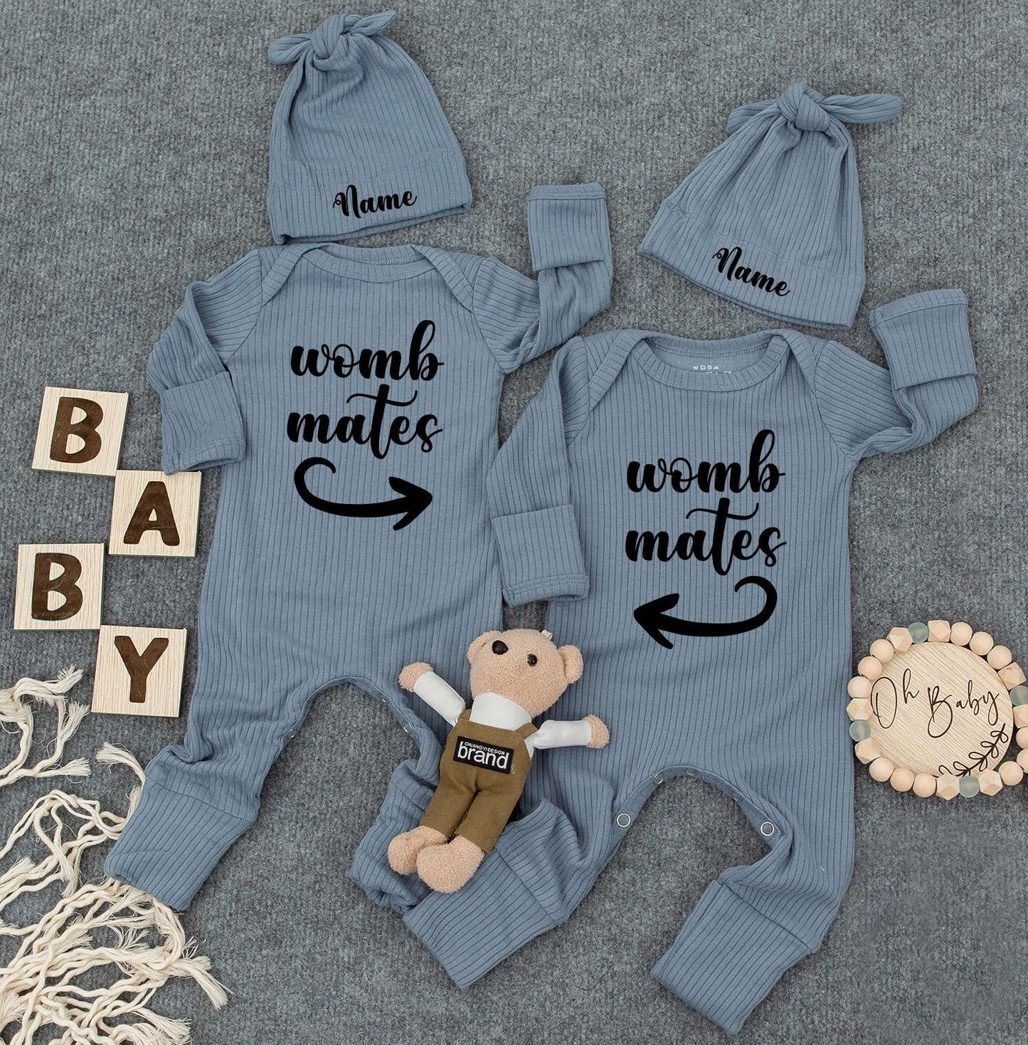 Personalized Baby Twin Bodysuit Set: Custom Name Hat & Womb Mates Shirts Cute Newborn Outfit, New Mom Gift, Soft Cotton Romper Sleepsuit Set 138