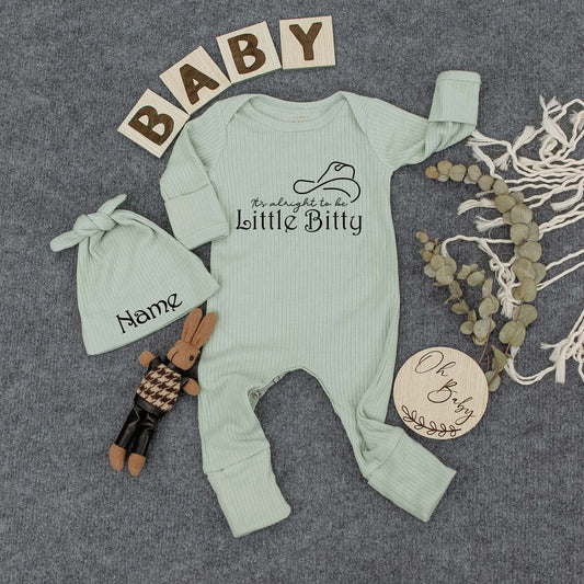 Little Bitty Western Bodysuit & Hat Set, Cute Baby Outfit, Custom Sleepsuit, Newborn Gift, Soft Infant Neutral Clothes, Funny Personalized Tee (139)