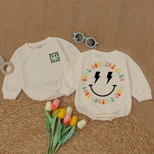Cool Cousins Club Matching Outfits with Smiley Face Lightning Bolt Design, Fun Romper Bodysuit & T-Shirt for Kids Family Reunion