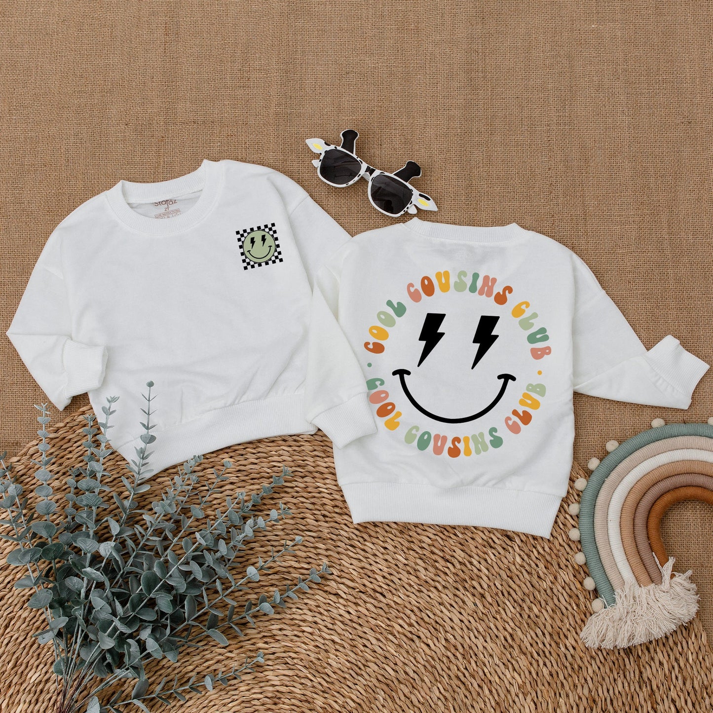 Cool Cousins Club Matching Outfits with Smiley Face Lightning Bolt Design, Fun Romper Bodysuit & T-Shirt for Kids Family Reunion