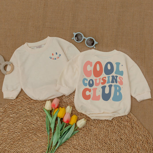 Cool Cousins Club Romper Bodysuit for Baby Girls Boys, Playful Smiley Face Cousin Crew Outfit, Soft Cotton Retro Family Reunion Matching Clothes