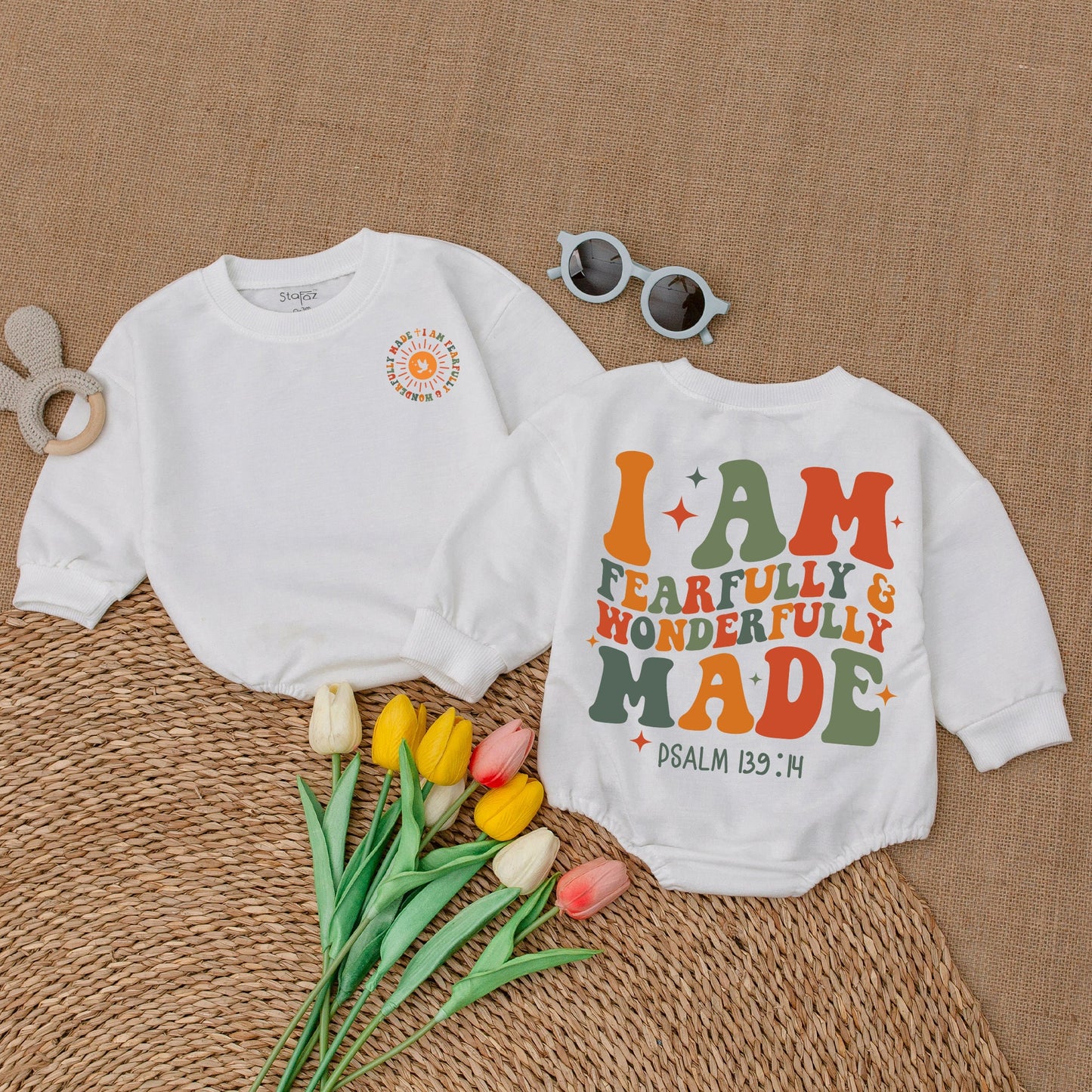 Wonderfully Made Christian Baby Romper, Religious Bodysuit, Psalm 139:14 Toddler Sweatshirt, Sun & Stars, Cute Faith Shirt, Baby Shower Gift, Orange & Green