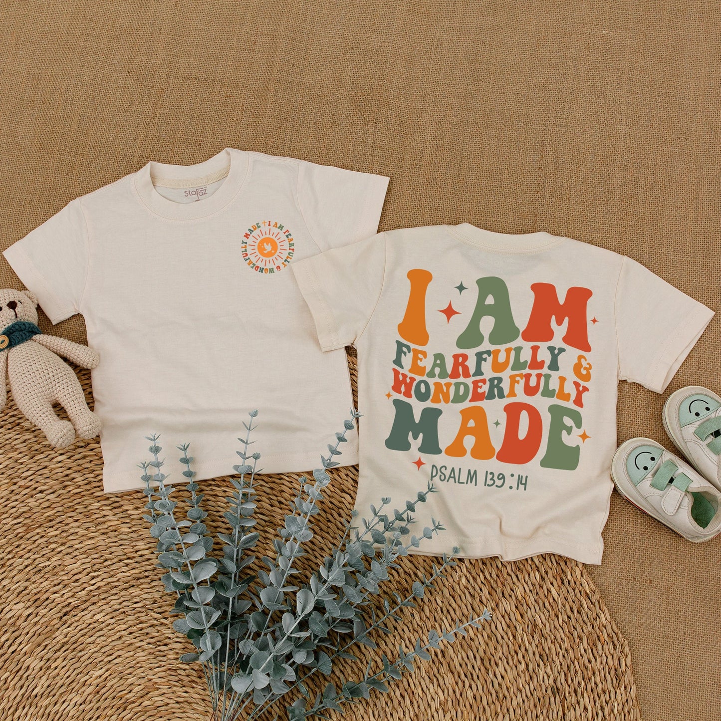 Wonderfully Made Christian Baby Romper, Religious Bodysuit, Psalm 139:14 Toddler Sweatshirt, Sun & Stars, Cute Faith Shirt, Baby Shower Gift, Orange & Green