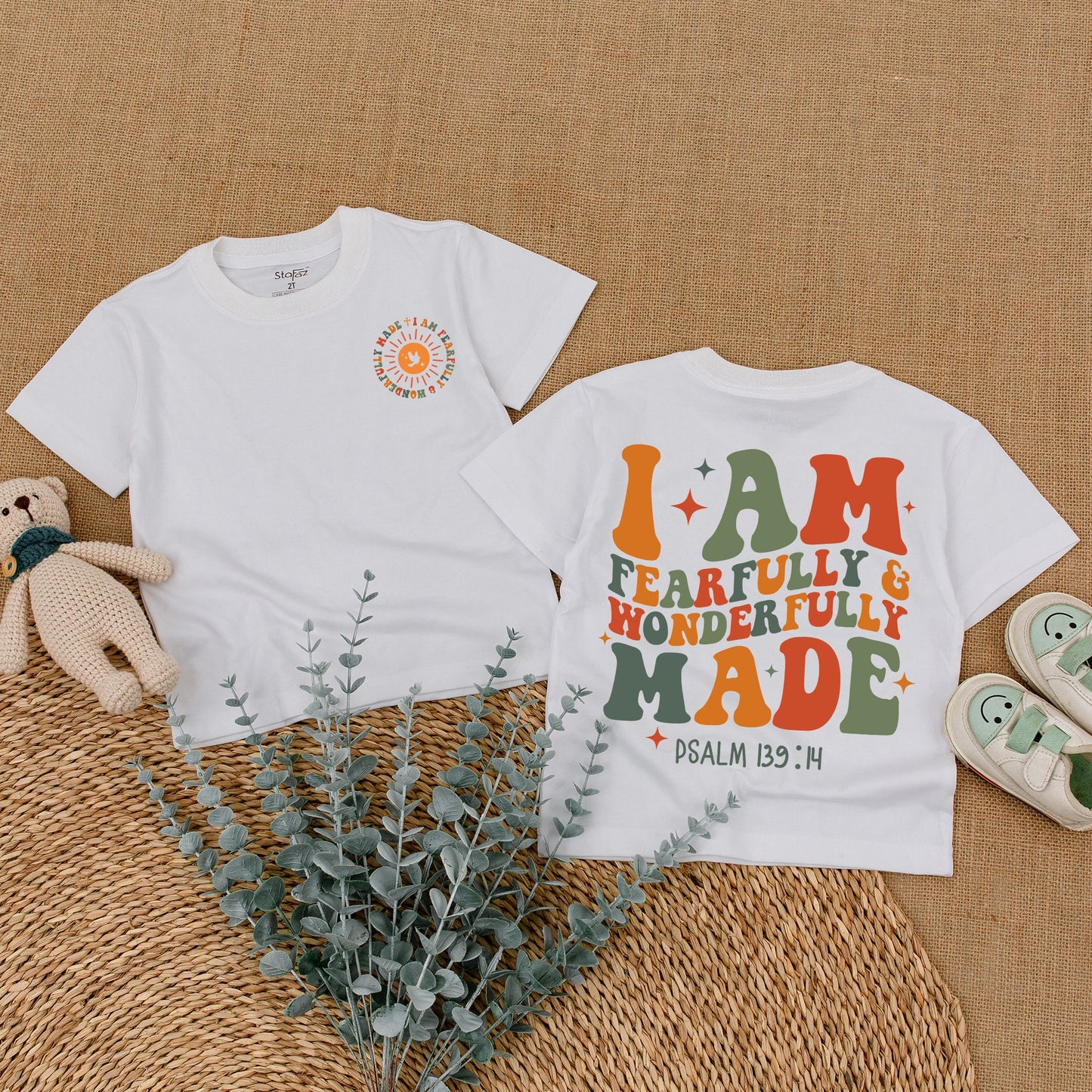 Wonderfully Made Christian Baby Romper, Religious Bodysuit, Psalm 139:14 Toddler Sweatshirt, Sun & Stars, Cute Faith Shirt, Baby Shower Gift, Orange & Green