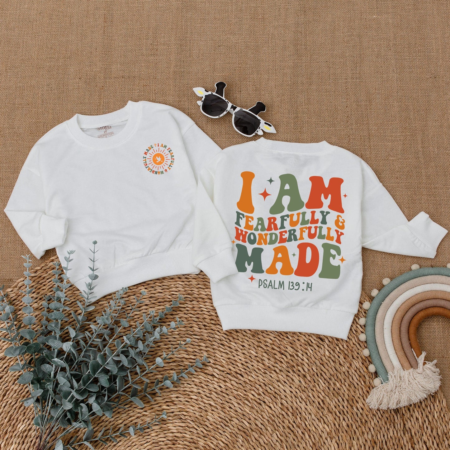 Wonderfully Made Christian Baby Romper, Religious Bodysuit, Psalm 139:14 Toddler Sweatshirt, Sun & Stars, Cute Faith Shirt, Baby Shower Gift, Orange & Green