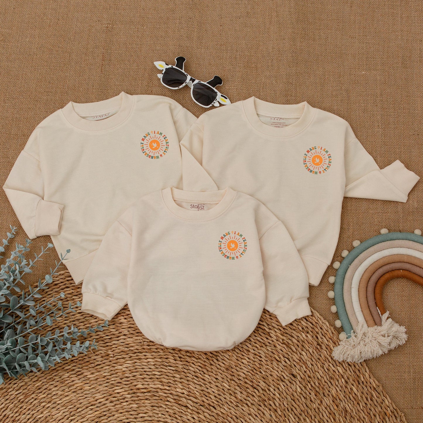Wonderfully Made Christian Baby Romper, Religious Bodysuit, Psalm 139:14 Toddler Sweatshirt, Sun & Stars, Cute Faith Shirt, Baby Shower Gift, Orange & Green