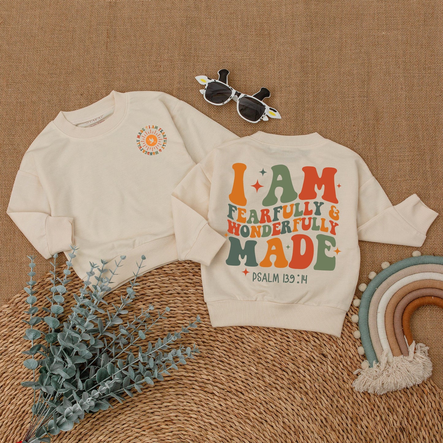 Wonderfully Made Christian Baby Romper, Religious Bodysuit, Psalm 139:14 Toddler Sweatshirt, Sun & Stars, Cute Faith Shirt, Baby Shower Gift, Orange & Green