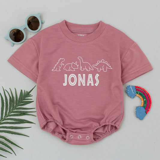 Personalized Dinosaur Baby Romper with Custom Name Bubble Bodysuit Universal Studios Inspired Outfit for Little Boys Coming Home Birthday Gift