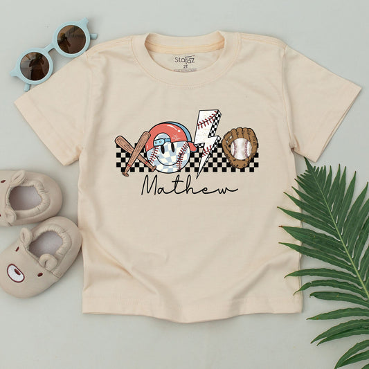 Custom Retro Baseball Baby Outfit Cartoon Smiley Face Bat Glove Lightning Bolt Gameday Season Toddler Boy Clothes