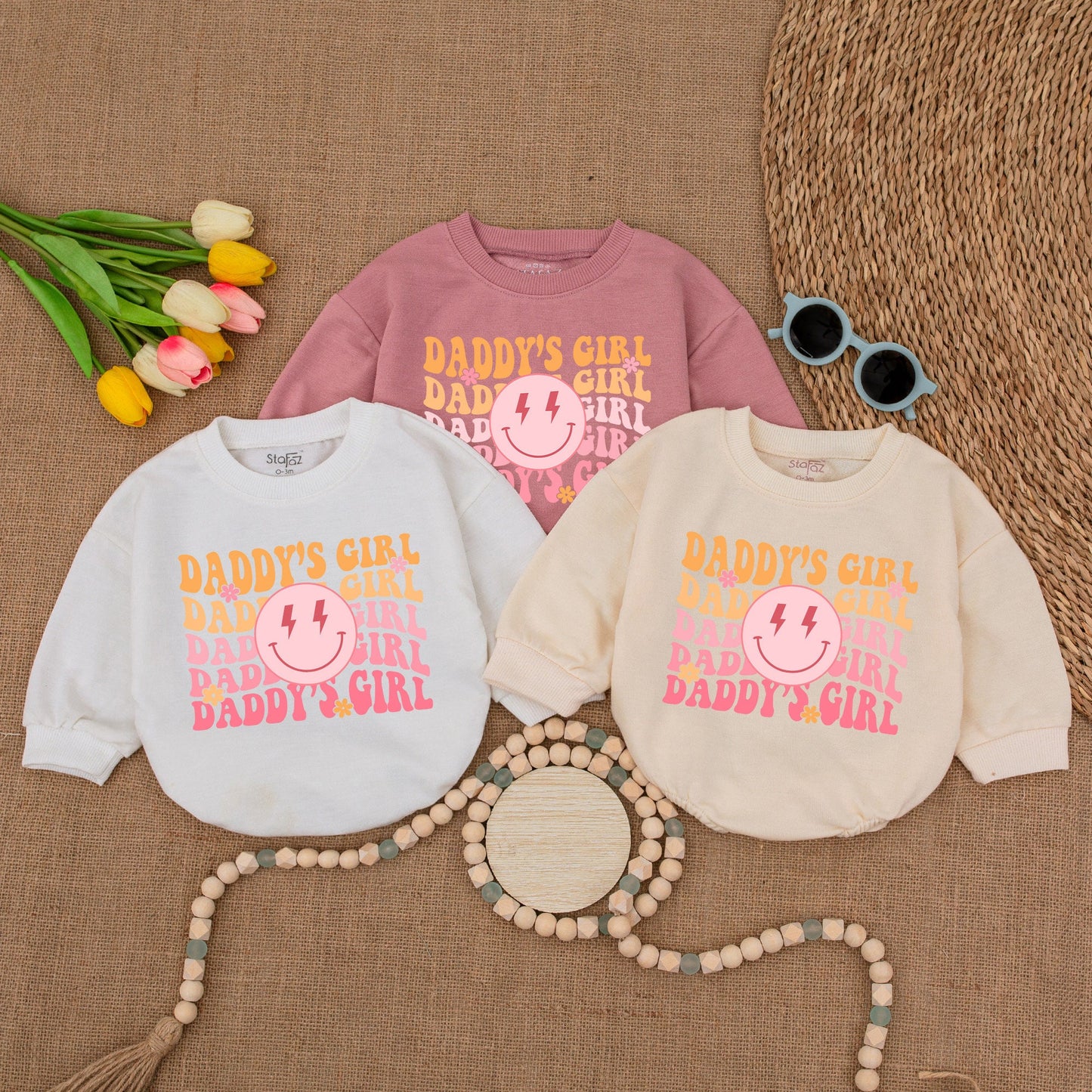 Daddy's Girl Retro Romper with Smiley Face Lightning Bolts Baby Girl Outfit Bubble Romper Newborn Gift Father's Day Present Cute