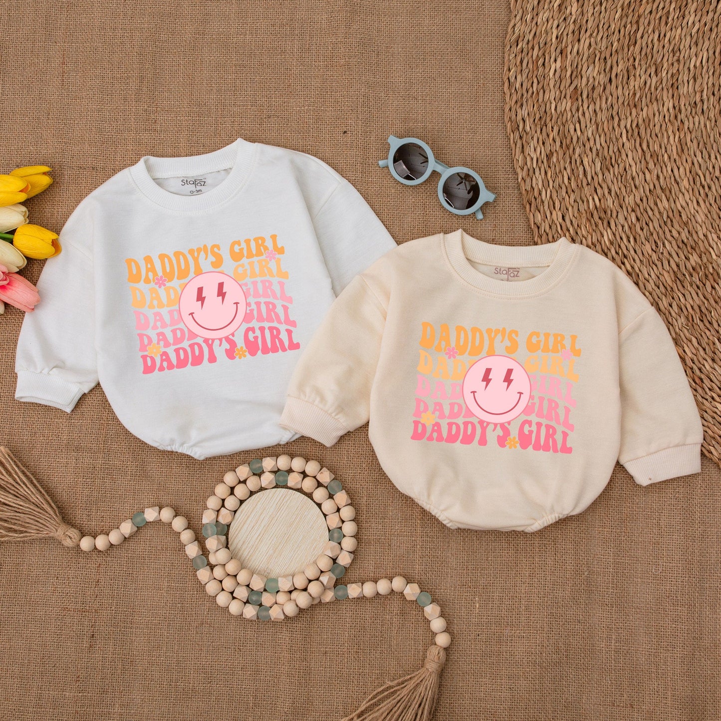 Daddy's Girl Retro Romper with Smiley Face Lightning Bolts Baby Girl Outfit Bubble Romper Newborn Gift Father's Day Present Cute
