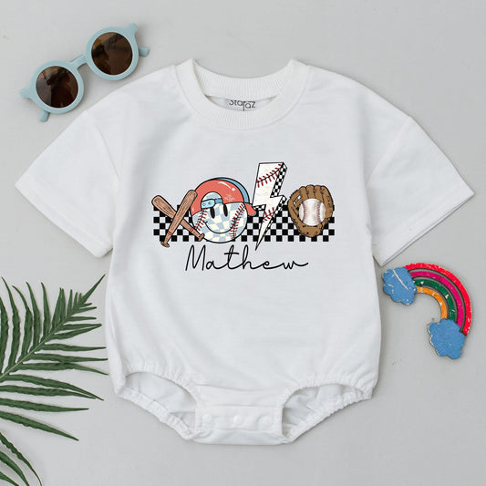 Personalized Game Day Baseball Romper Retro Baby Outfit Custom Name Number Little Slugger Short Sleeve Bubble Boy Clothes Gameday Season Newborn Gift