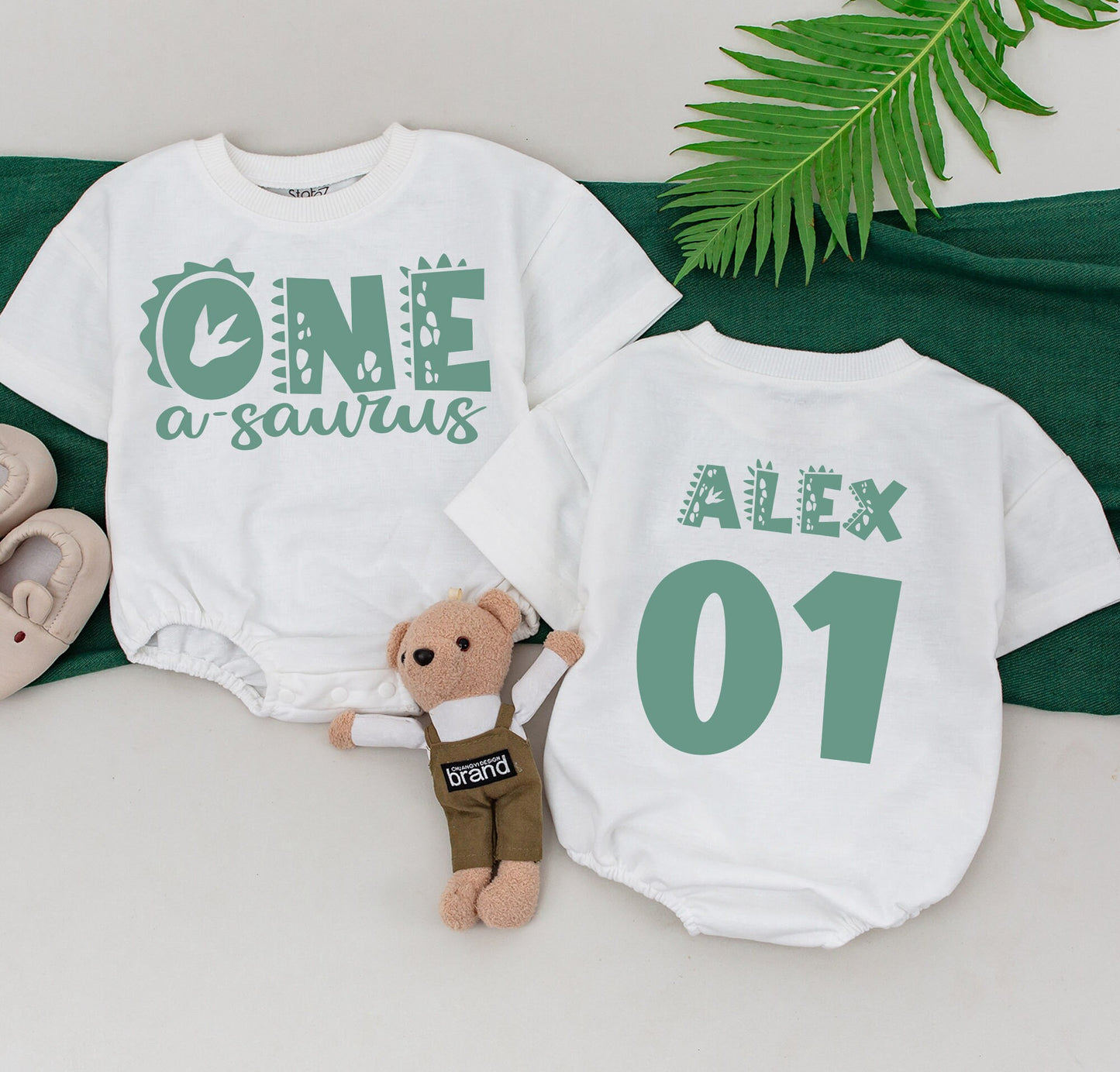Matching Teal Dinosaur 1st Birthday Family Shirts: Dad-osaur, Adam 23, Alex 01! One-A-Saurus First Birthday Outfit