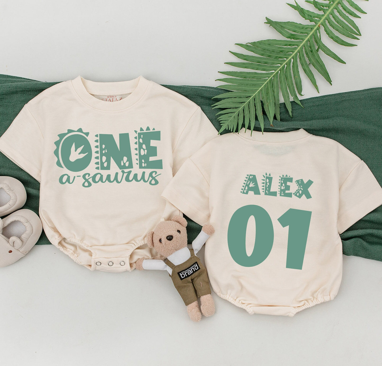 Matching Teal Dinosaur 1st Birthday Family Shirts: Dad-osaur, Adam 23, Alex 01! One-A-Saurus First Birthday Outfit