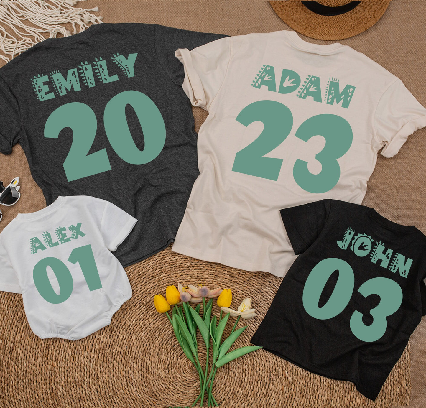 Matching Teal Dinosaur 1st Birthday Family Shirts: Dad-osaur, Adam 23, Alex 01! One-A-Saurus First Birthday Outfit