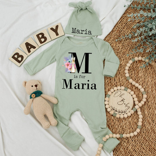 Personalized Maria Rabbit Baby Bodysuit Hat Set Soft Pink Watercolor Floral New Girl Gift Coming Home Outfit Babygrow