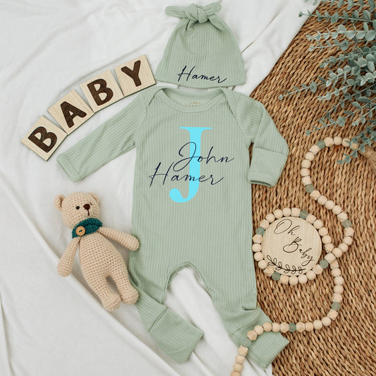 Baby Boy Coming Home Monogrammed Gray Footie with Light Blue J Initial and Dark Blue John Hamer Name Newborn Photo Outfit Baby Shower Gift