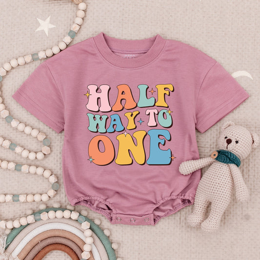Half Way To One Birthday Girl Romper Playful Retro Pink Orange Yellow Blue Star Design 1/2 Birthday Outfit Baby Girl Bodysuit Infant