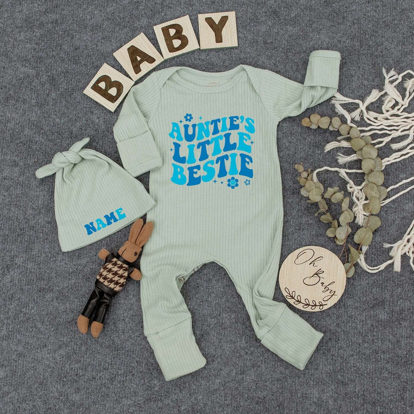 Auntie’s Little Bestie Retro Blue Gradient Bodysuit & Hat Set for Baby Newborn Boy or Girl 70s Vibes