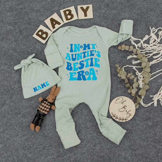 In My Auntie's Bestie Era Bodysuit Hat Set, Blue Retro Baby Outfit, Custom Name Newborn Gift, Cute Infant Boy Girl Clothes, Pregnancy Reveal 138 chars