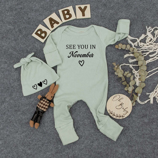 See You In November Baby Bodysuit And Heart Hat Set Minimalist Newborn Outfit Coming Soon Gift Gender Neutral