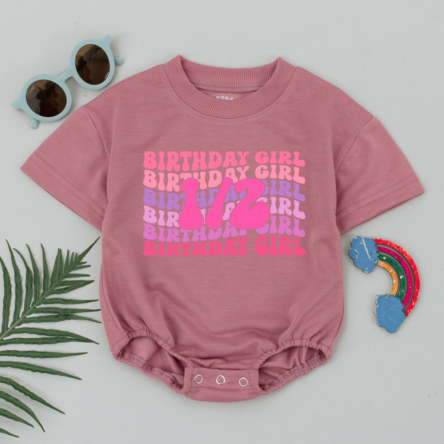 Birthday Girl Romper "1/2" Retro Pink Purple Half Birthday Outfit Baby Girl 6 Months Gift