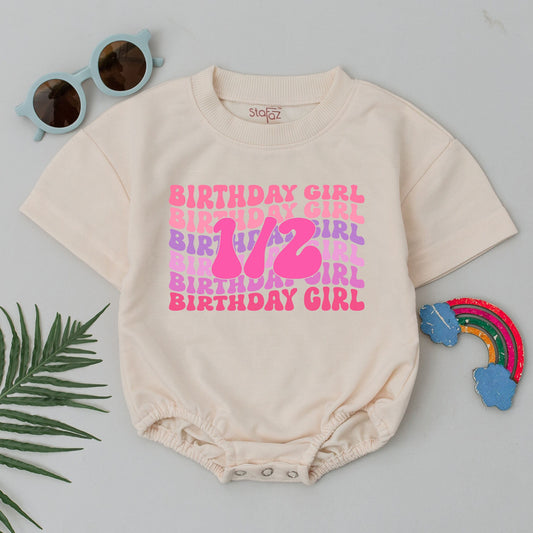Birthday Girl Romper "1/2" Retro Pink Purple Half Birthday Outfit Baby Girl 6 Months Gift