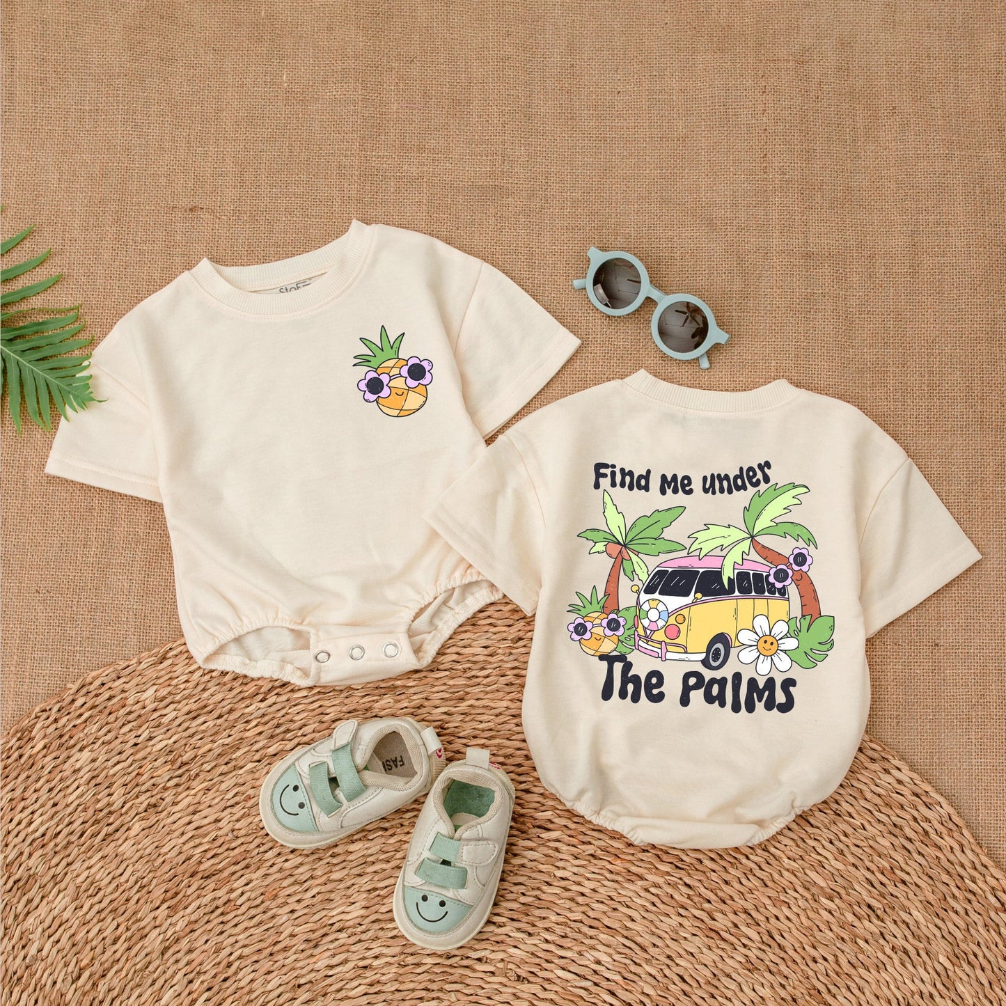 Find Me Under The Palms Bubble Romper Baby Girl Summer Boho Outfit with Smiling Flower Faces Soft Comfortable New Baby Gift