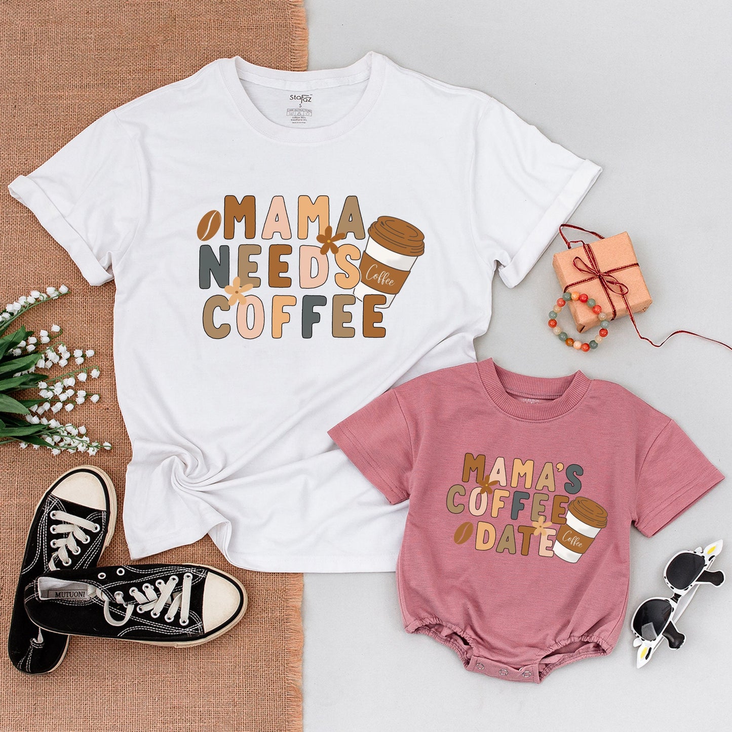 Mama Needs Coffee Matching Shirt Set: Boho Mommy and Me Outfits, Retro Mamas Coffee Date Baby Bodysuit, Earthy Tones, Coffee Lover Gift, Natural Apparel (139)