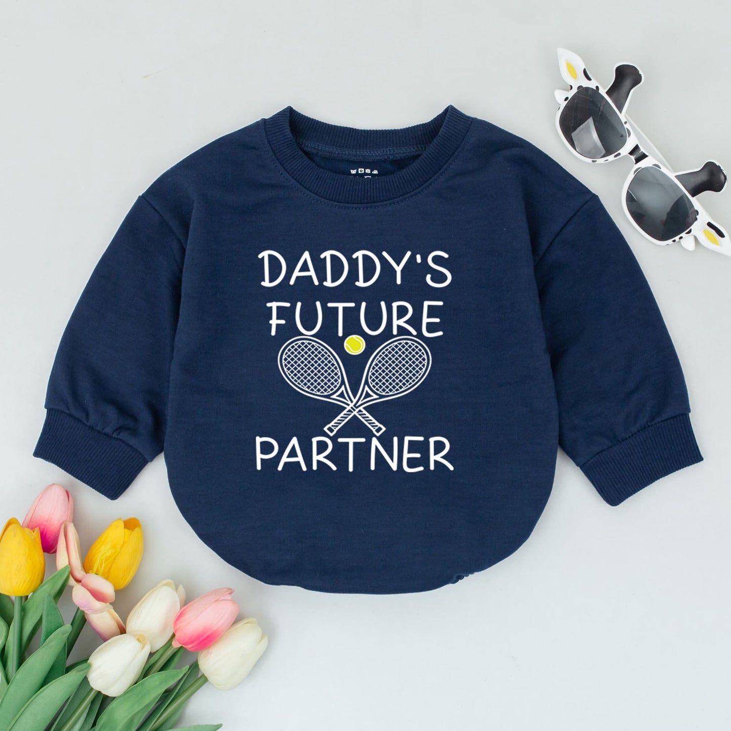 Daddy's Future Tennis Partner Baby Romper Bodysuit for infants, adorable sports outfit with rackets & ball, perfect First Father's Day gift or Baby Shower