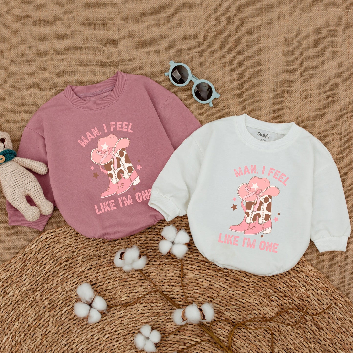 Man I Feel Like I'm One Baby Girl Western Cowgirl Bubble Romper First Birthday Outfit My First Rodeo Celebration Bodysuit