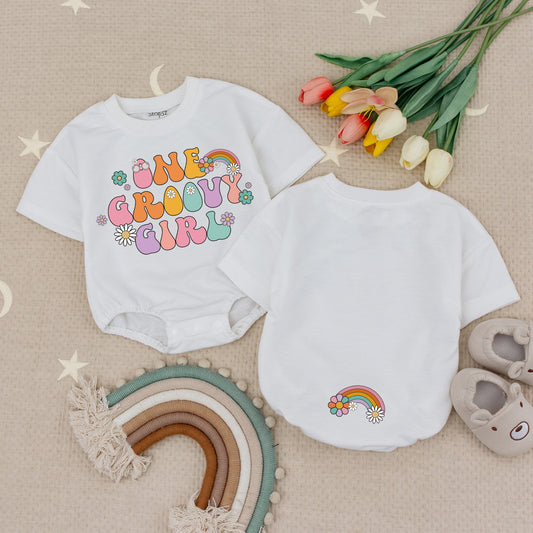 One Groovy Girl 1st Birthday Outfit Baby Romper Set, Retro Flower Power First Birthday Girl Clothes, 70s Birthday Bodysuit, Cheerful Outfit (140 chars)