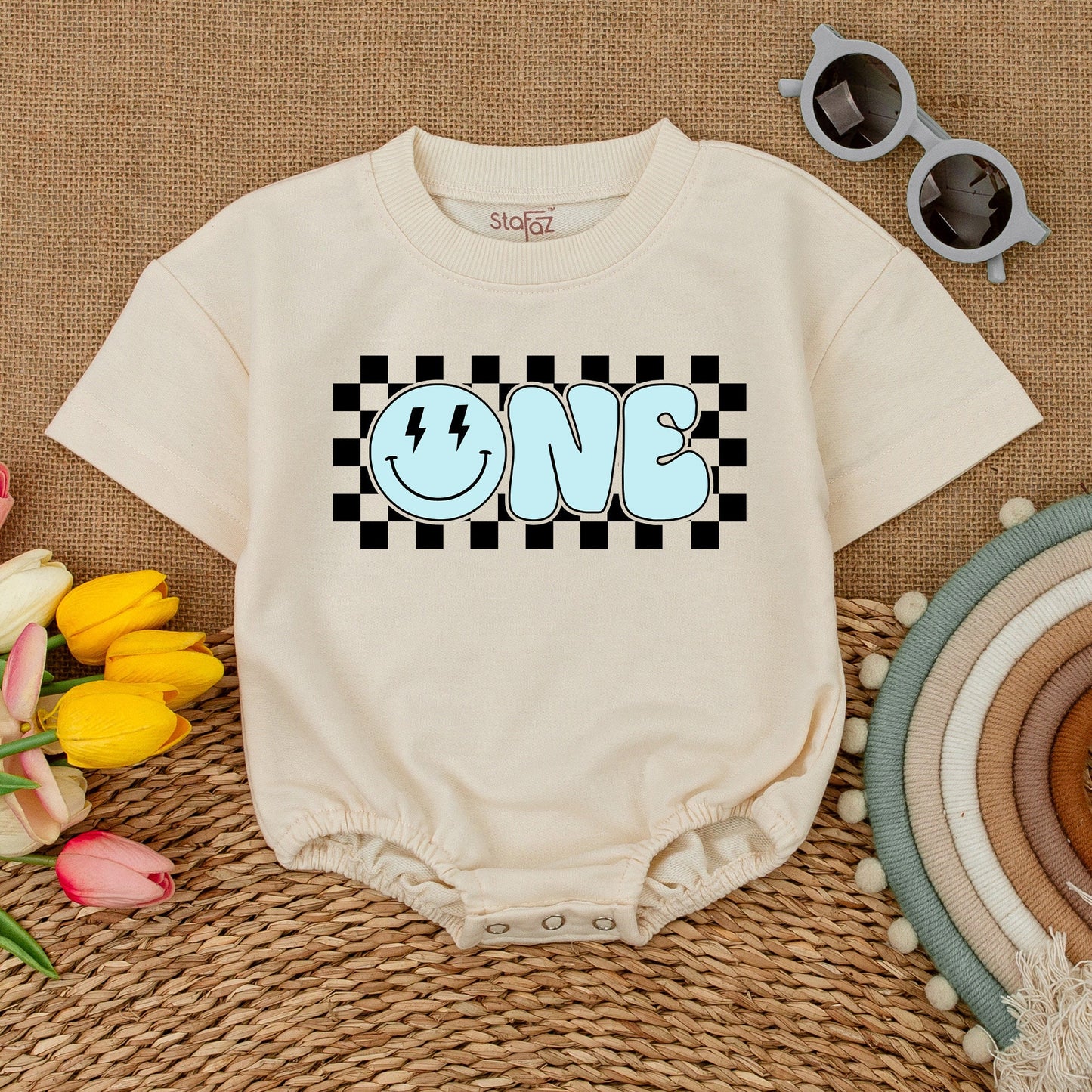 Blue Smiley Face Romper – First Birthday Outfit & Cake Smash Suit