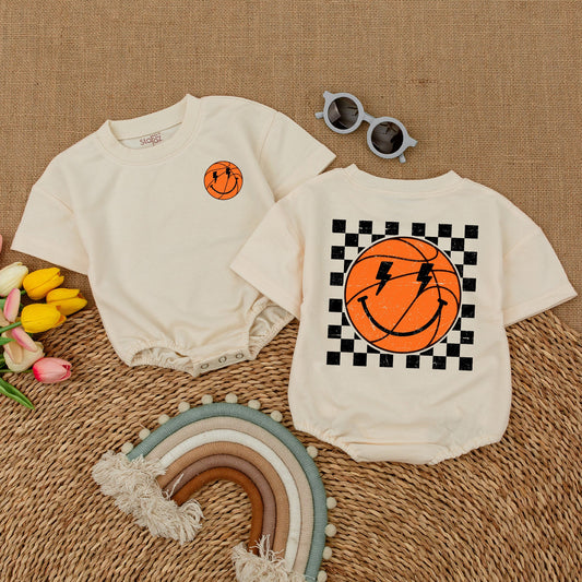 Retro Smile Face Basketball Baby Romper Game Day Bodysuit Orange Black Distressed Checkered Vintage Bubble Romper Shower Gift