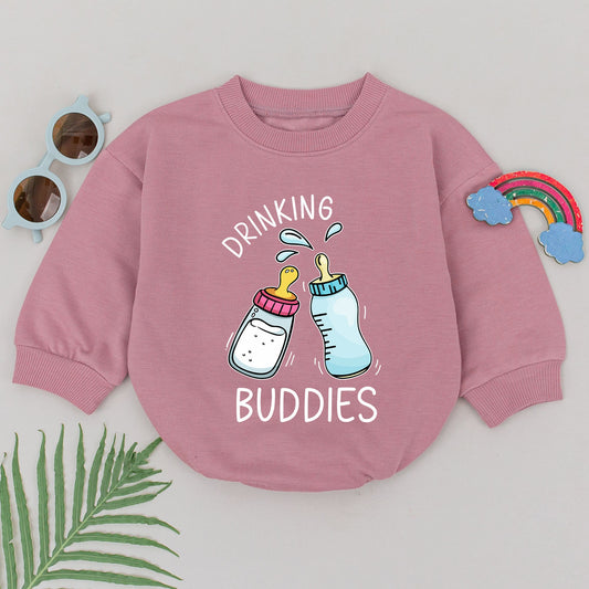 Cute Twins Outfits, Drinking Buddies Twin Onesies with Pink Blue Clinking Bottles, Newborn Twin Outfits