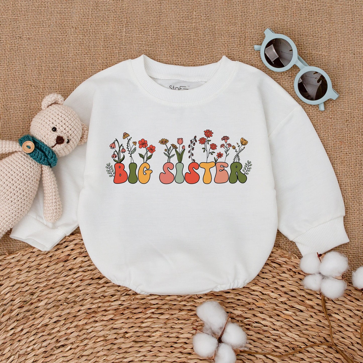 Big Sister Floral Romper Baby Girl Outfit Pregnancy Announcement Gift Big Sis Bubble Bodysuit Wildflower Baby Shower Present